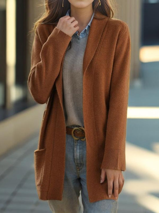 Simple Shawl Collar Mid-Length Pockets Knitted Cardigan