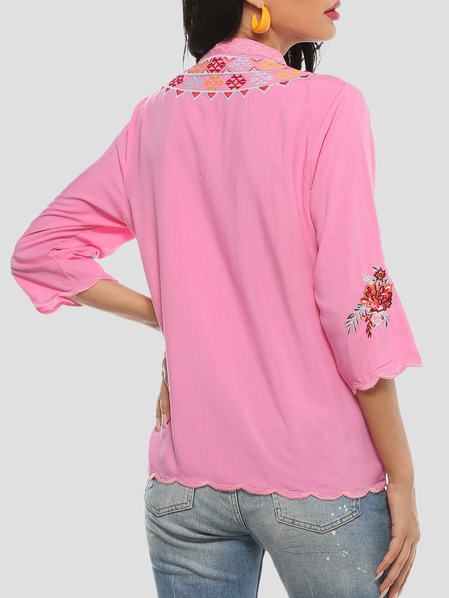 Elegant Floral Embroidered V-Neck Three-quarter Sleeves Blouse