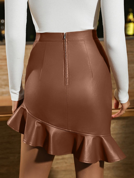 Stylish Ruffle Hem Fitted Pencil Leather Skirt