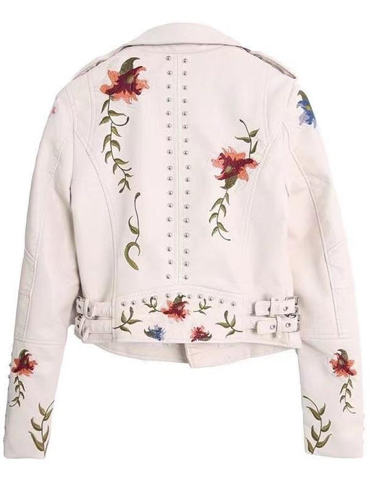 Stylish Elegant Embroidered Rivet Leather Jacket