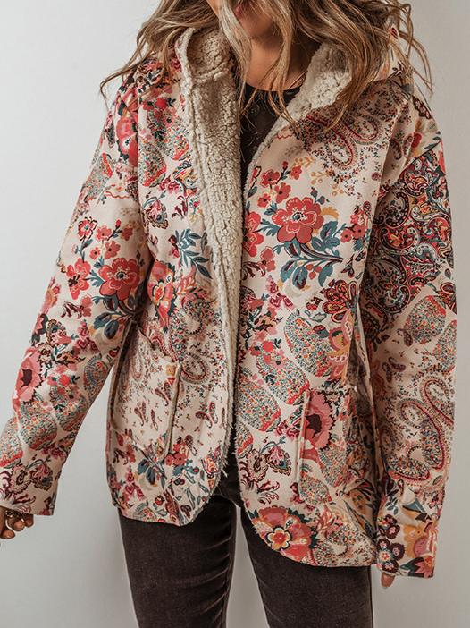 Ethnic Style Paisley Print Fleece Lined Hooded Outerwear