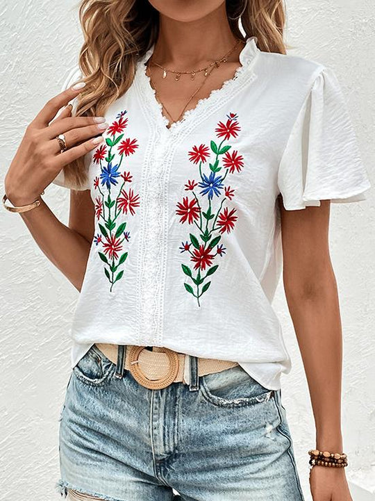 Elegant V-neck Ruffled Sleeve Embroidered Blouse