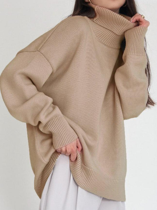 Basic Turtleneck Solid Color Ribbed Trim Knited Sweater