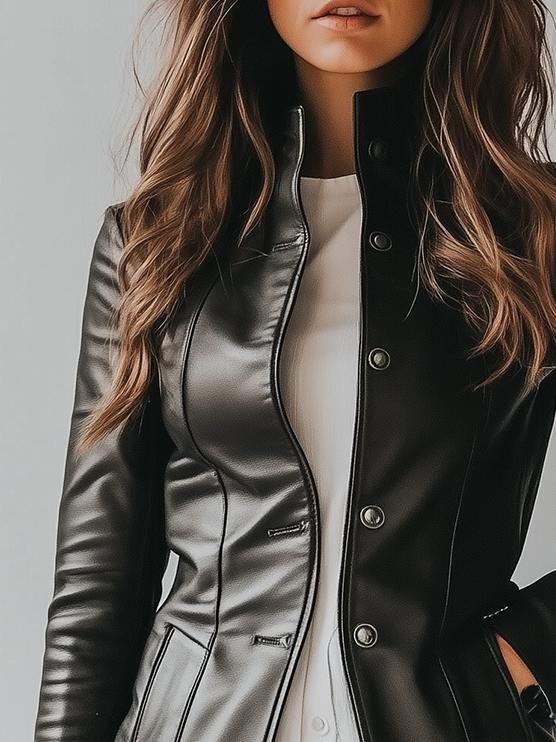 Stylish Stand Collar Waist-cinched Leather Trench Coat