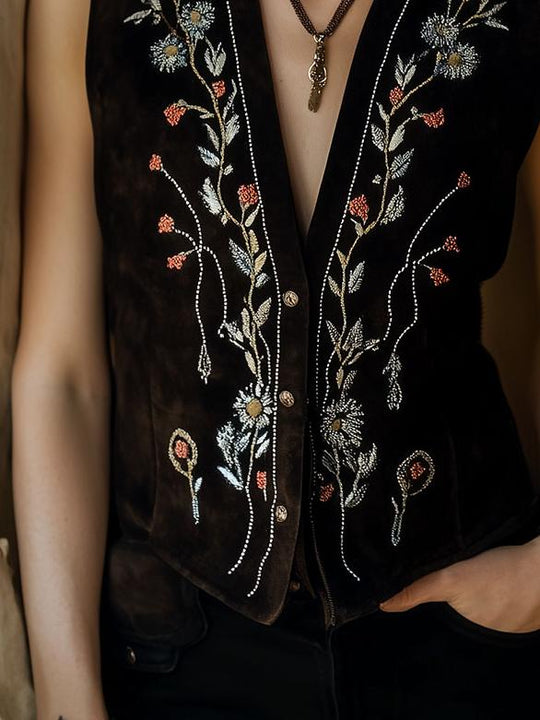 Vintage Flower Embroidery Single-breasted Suede Vest