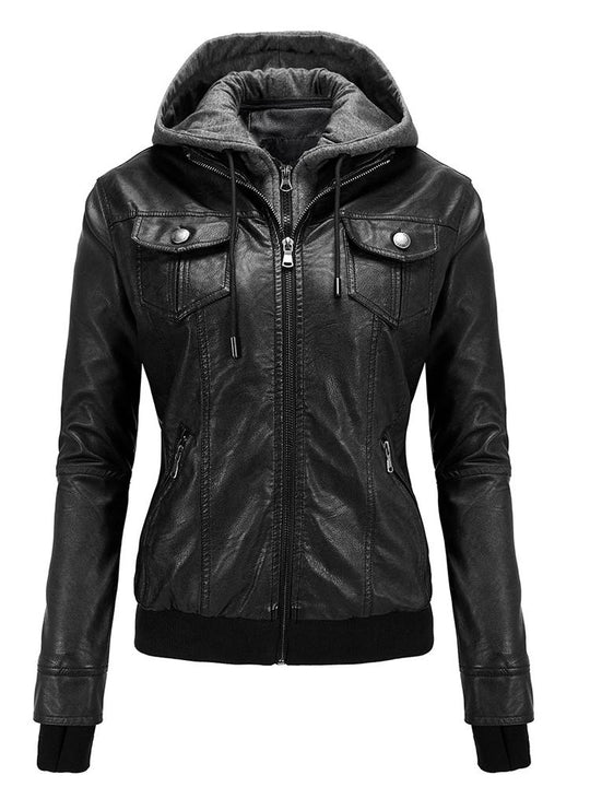 Stylish Detachable Hooded Fleece Lined Leather Jacket