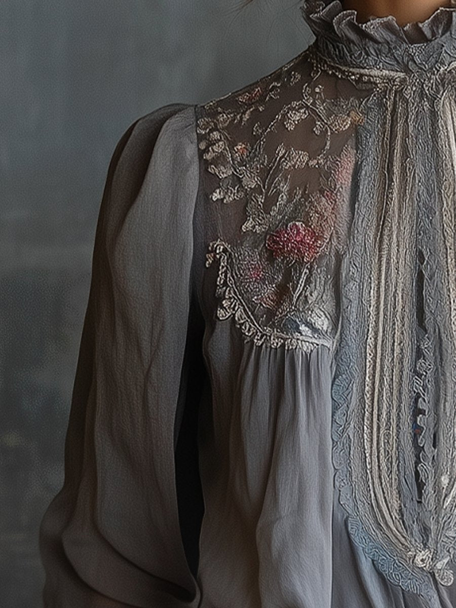 Ethereal Charm Embroidered Sheer High-Neck Blouse