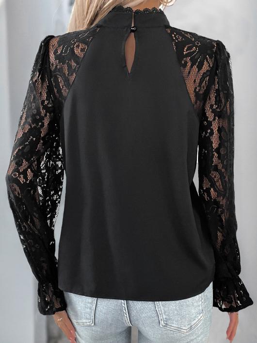 Elegant Hollow Out Lace Patchwork Chiffon Blouse