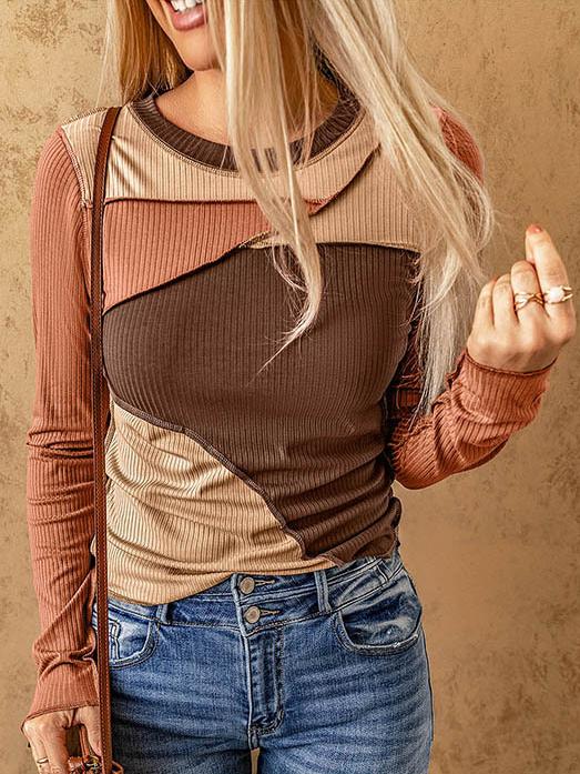 Chic Round Neck Color Patchwork Ribbed Knit Top