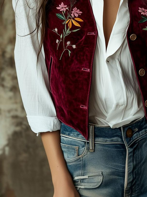 Retro Asymmetric Embroidery Side Pocket Suede Vest