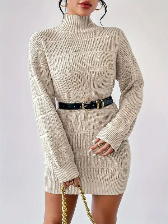 Elegant Turtleneck Long Sleeves Jacquard Knit Bodycon Dress