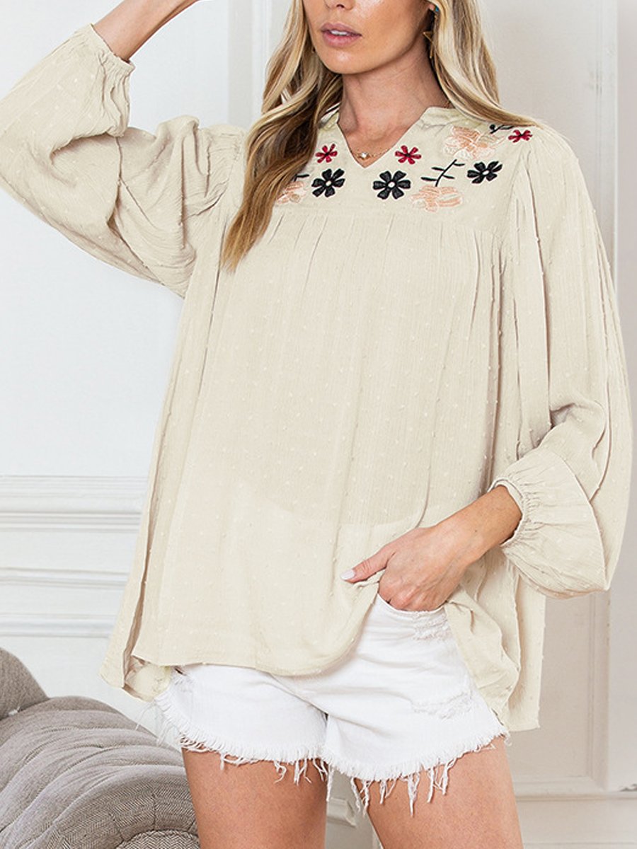 Ethnic Floral Embroidered Loose Long-Sleeved Blouse