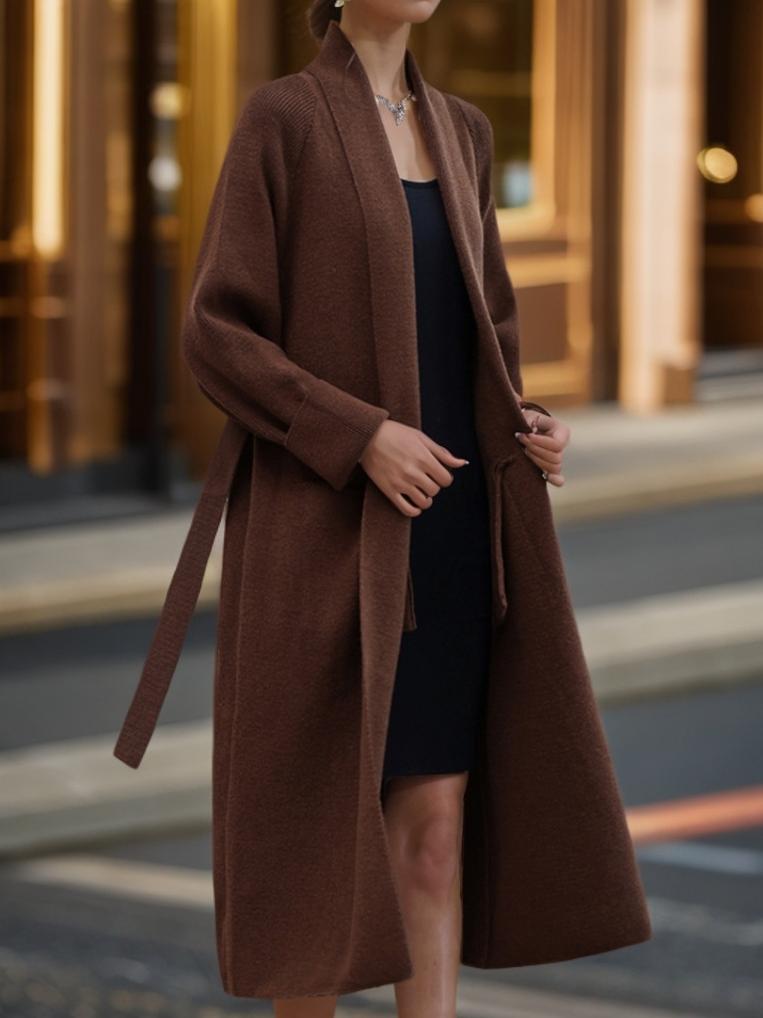 Shawl Collar Belt Pockets Knitted Cardigan Long Coat