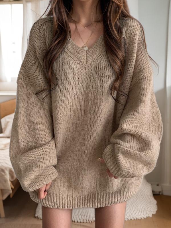 Solid Color V-Neck Loose-fitting Pullover Knit Sweater