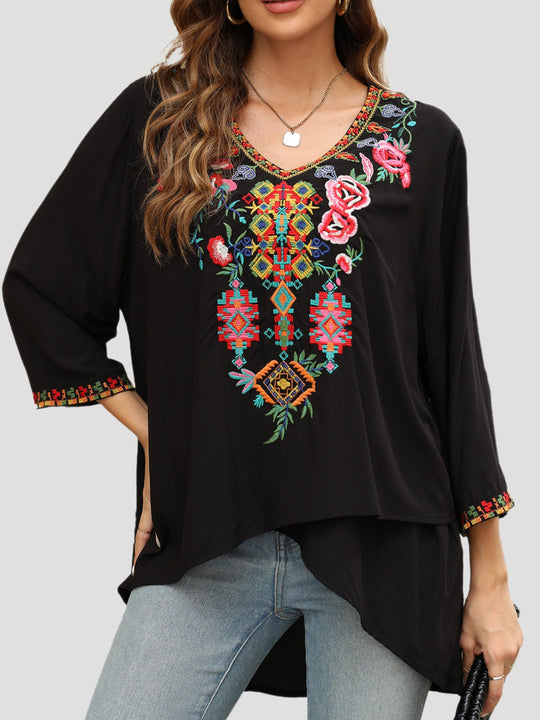 Ethnic Embroidered Loose-fitting V-neck Top