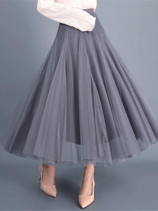 Elegant Elastic Waist Solid Color Chiffon Pleated A-Line Midi Skirt