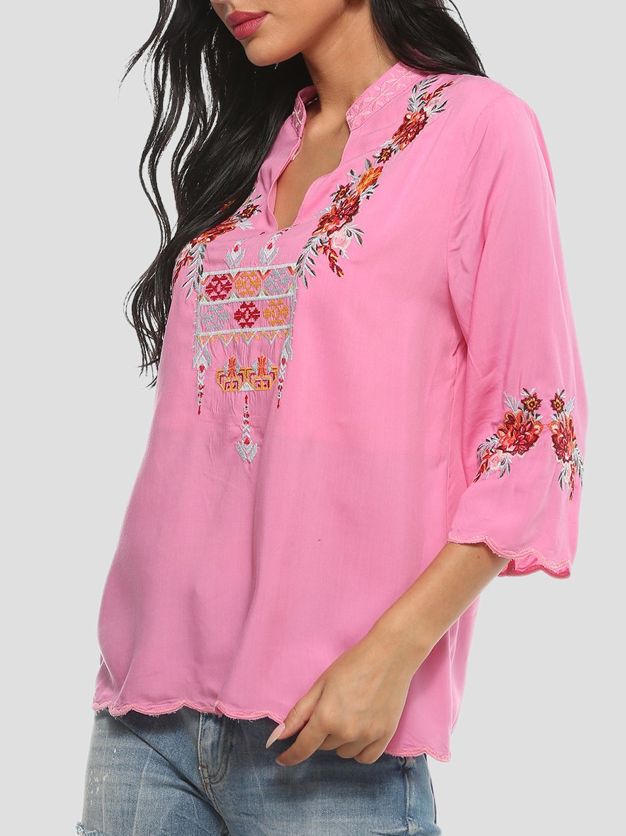 Elegant Floral Embroidered V-Neck Three-quarter Sleeves Blouse