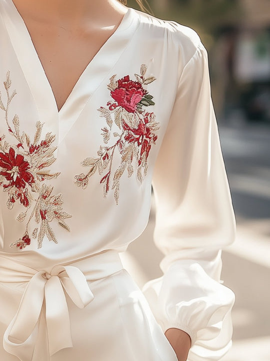 Romantic Red Floral Embroidered Satin Blouse