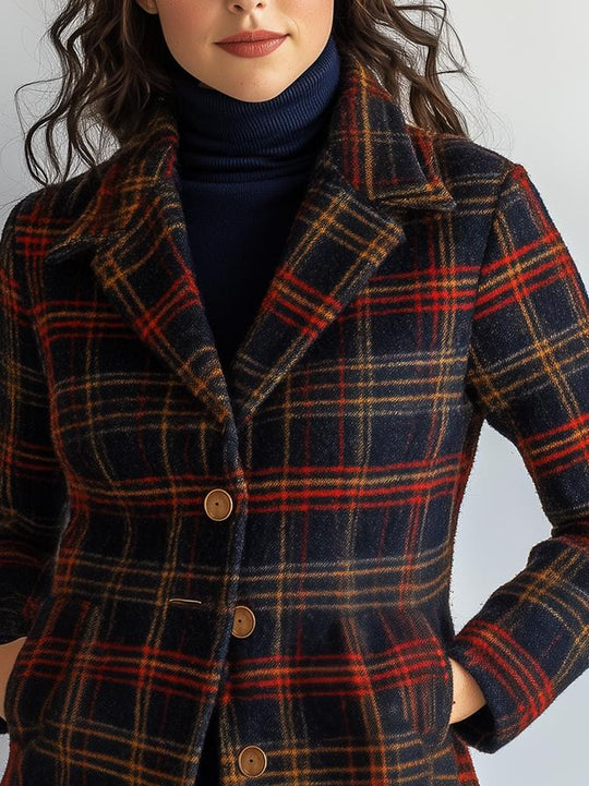 Retro Plaid Pattern Pockets Woolen Short Jacket