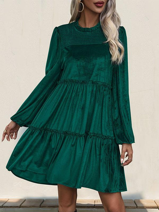 Elegant Velvet Ruffled Hem Casual Dress