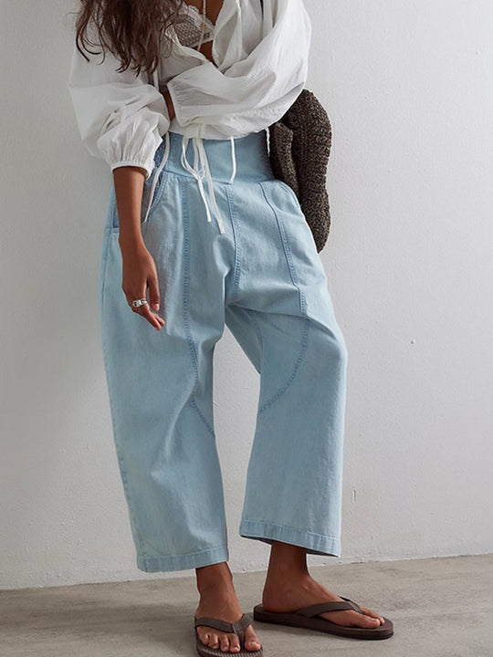 Loose Straight-leg Stone-washed Cropped Jeans