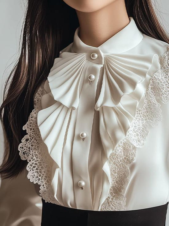 Retro Ruffled and Lace Trim Button Bown Chiffon Shirt