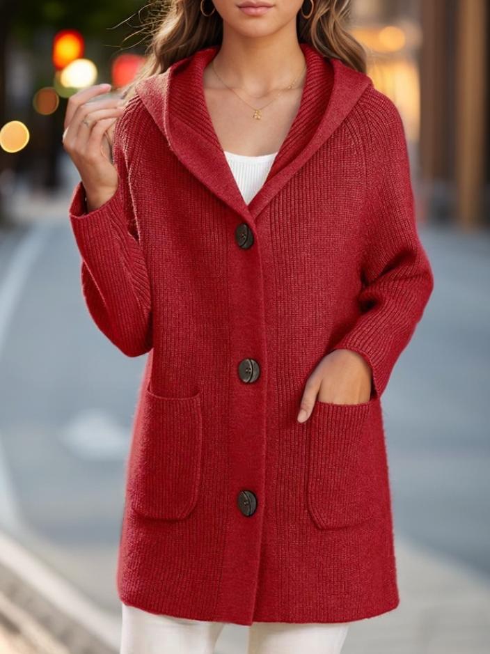 Solid Color Thick Knitted Mid-length Hooded Cardigan Coat