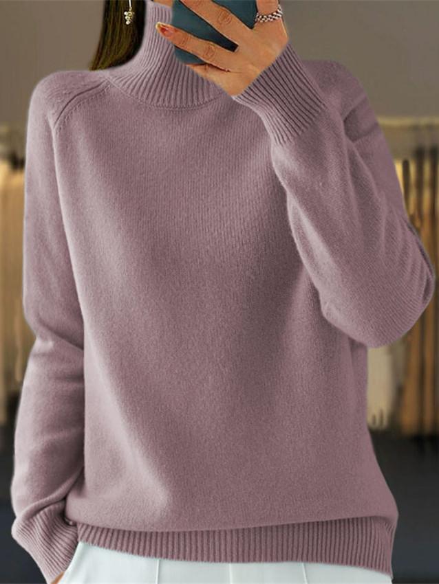 Basic Turtle Neck Ribbed Edge Knitted Pullover Sweater