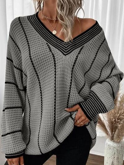 Stylish V-neck Mid-length Knit Striped Loose Sweater