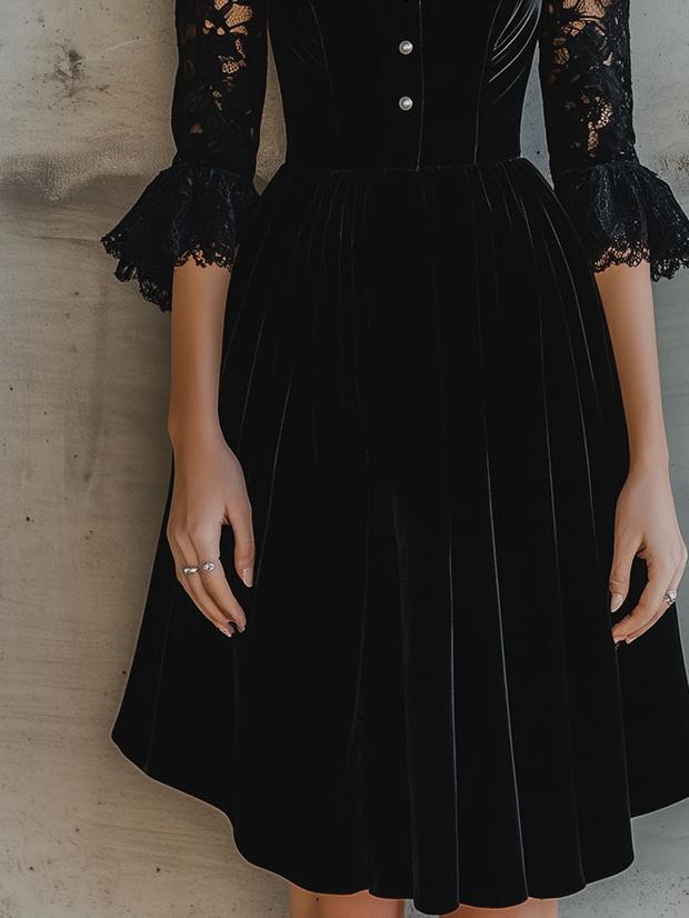 Elegant V-neck Lace Patchwork Velvet Midi Dress