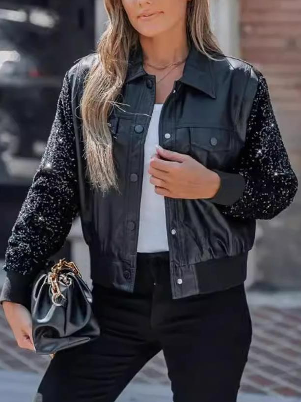 Chic Sequins Patchwork Sleeves Leather Motorcycle Jacket