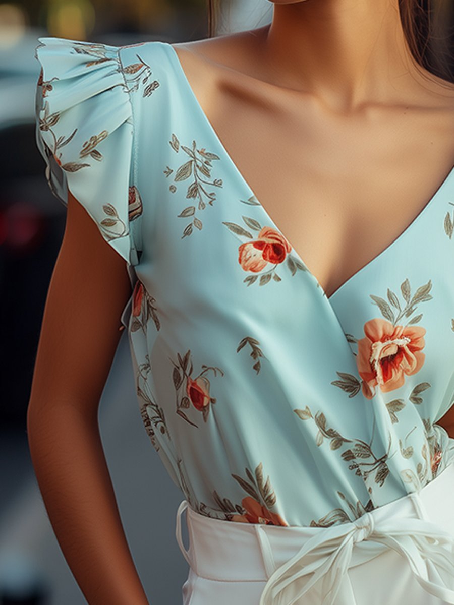 Blooming Elegance Floral Ruffle Sleeve Blouse