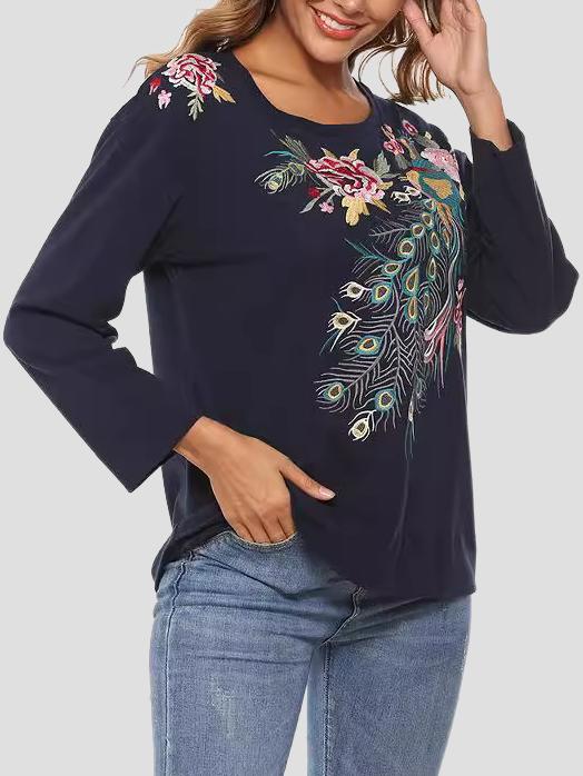 Elegant Peacock and Floral Embroidered T-shirt