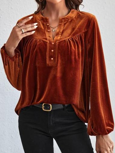 Elegant Half-placket Loose Velvet Blouse