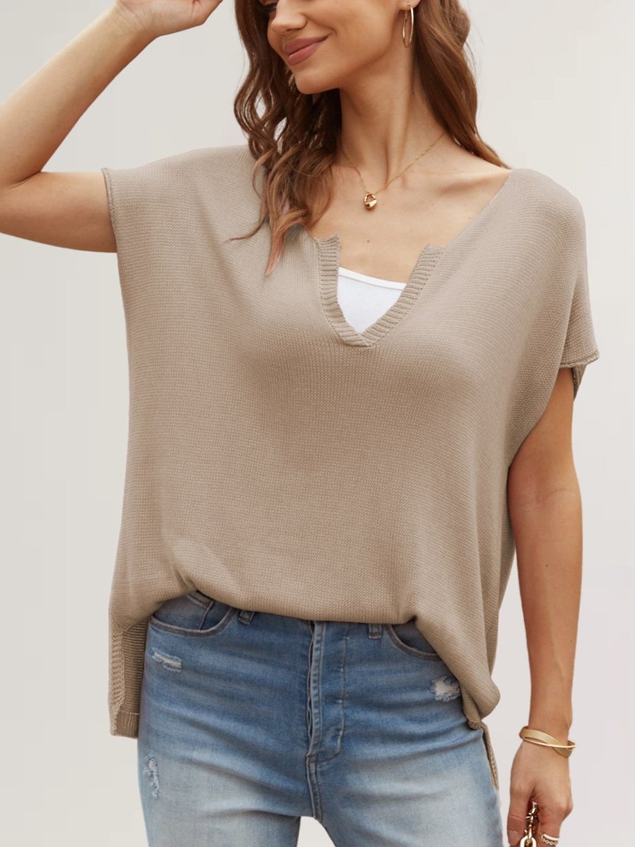 V-neck Solid Color Slit Loose Short-sleeved Sweater T-shirt