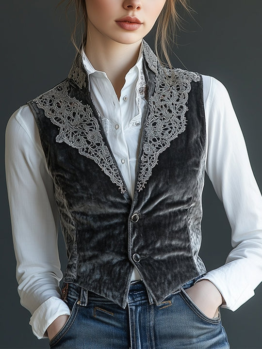 Timeless Grey Velvet Vest with Lace Accents