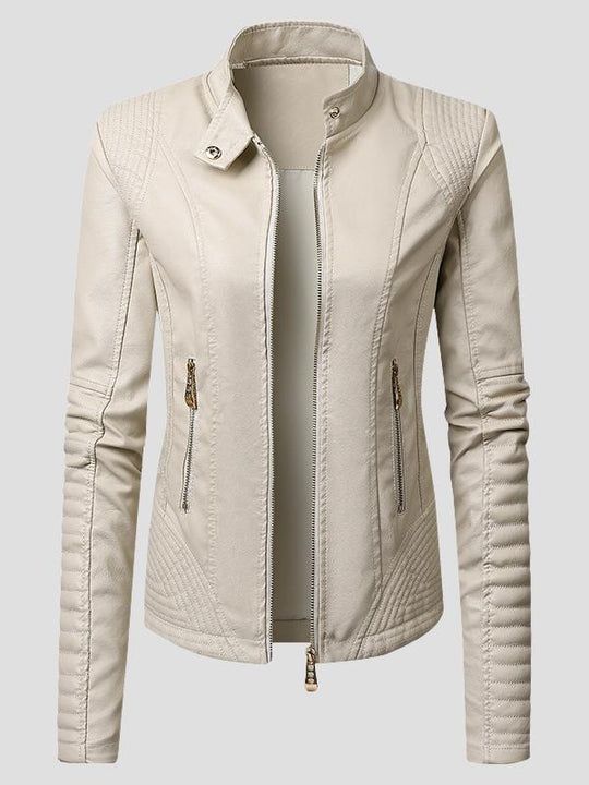 Chic Stand Collar Zipper-up Tailored Fit Skeepskin Jacket