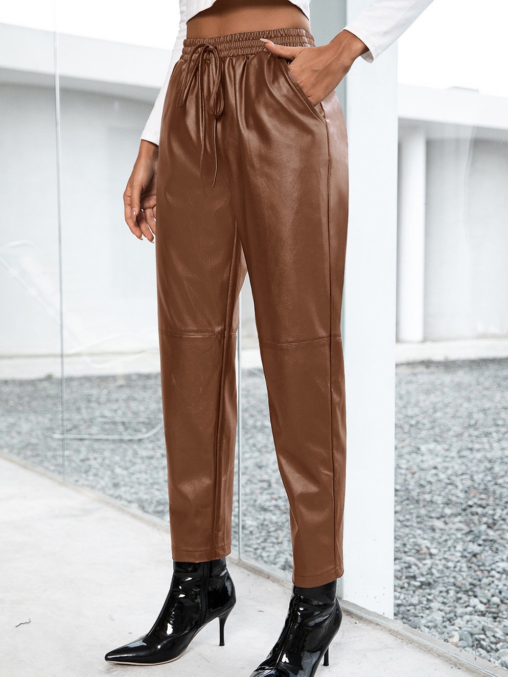 Chic Drawstring High-waisted Motorcycle Leather Pants