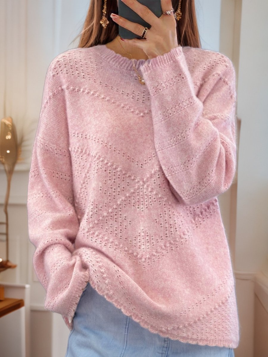 Solid Color Long Sleeve Hollow Jacquard Round Neck Knitted Sweater