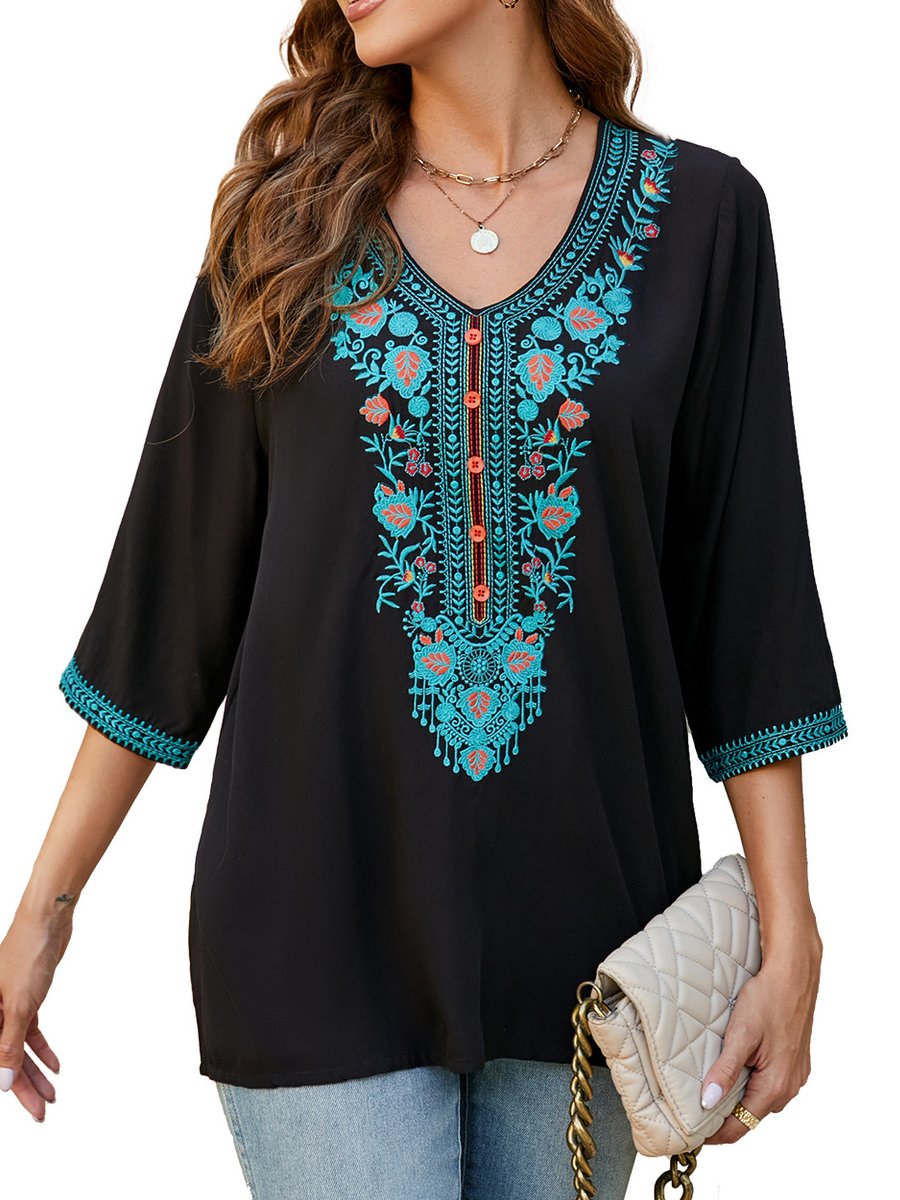 Embroidered V-Neck Half-Sleeve T-Shirt