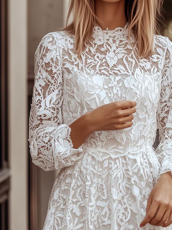 Stylish Round Neck A-line Long Sleeve Lace Dress