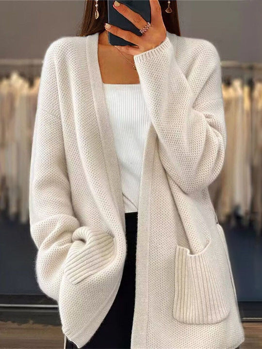 Solid Color Pocket Tie Knit Cardigan