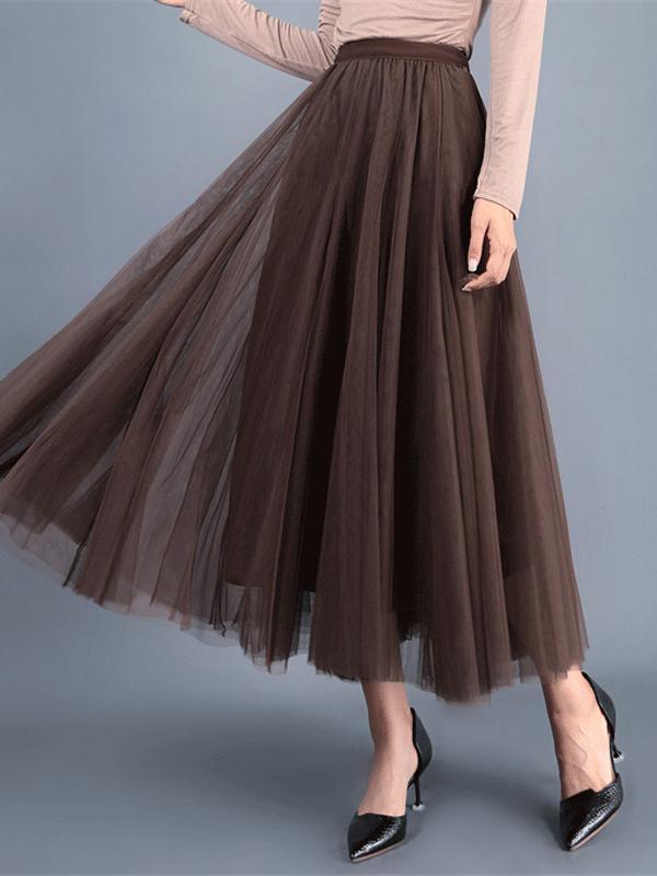 Elegant Elastic Waist Solid Color Chiffon Pleated A-Line Midi Skirt