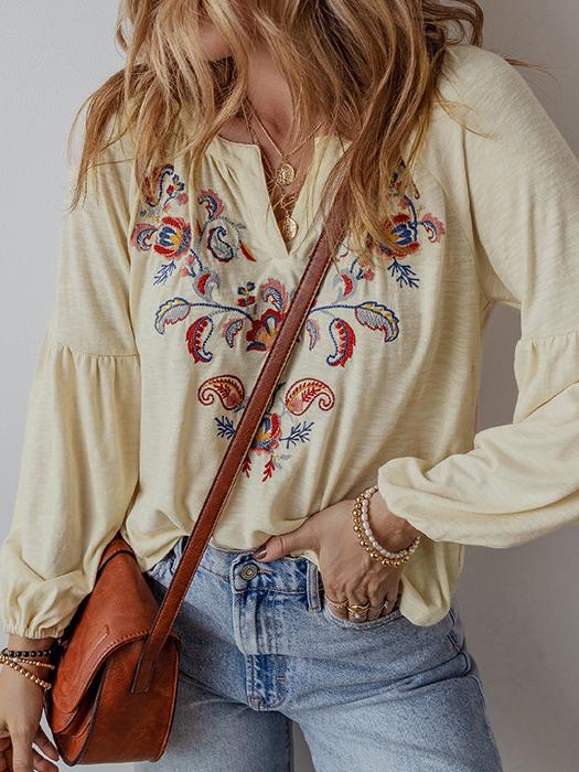 Ethnic V-Neck Paisley Embroidered Long Sleeves Chiffon Blouse