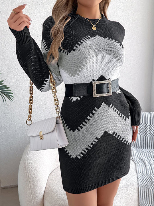 Chic Color Patchwork Lantern Sleeves Knit Bodycon Dress