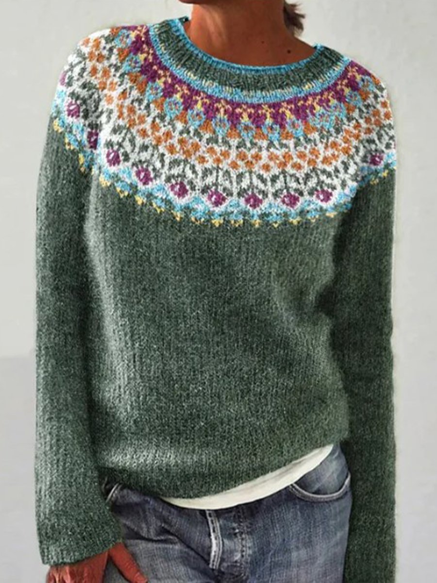 Ethnic Style Round Neck Color Block Sweater