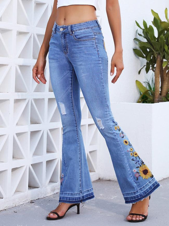 Handmade 3D Embroidered Floral Flare Jeans