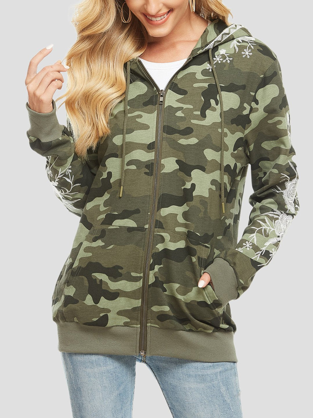 Classic Floral Embroidered Camouflage Hooded Jacket