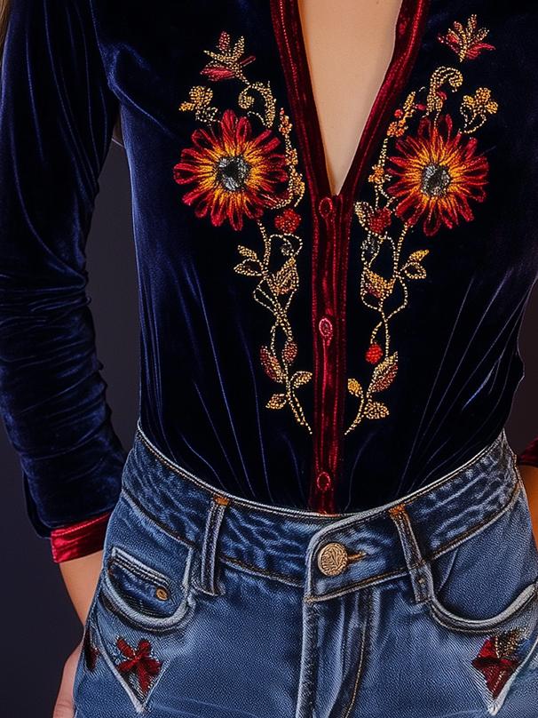 V-neck Boho Embroidery Constract Trim Velvet Shirt