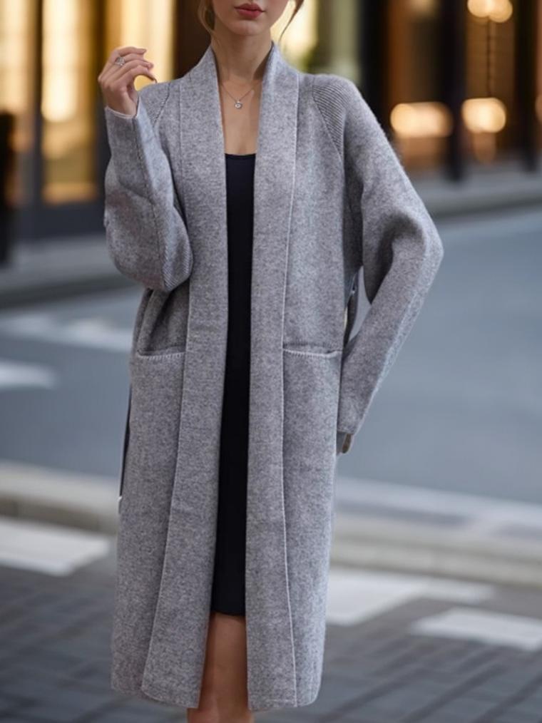 Shawl Collar Belt Pockets Knitted Cardigan Long Coat